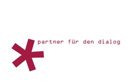 Roter Asterisk links neben rotem Text "partner für den dialog" auf weißem Hintergrund.