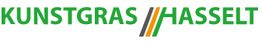 Logo met tekst "Kunstgras Hasselt" in groen, met drie diagonale strepen in groen, oranje en grijs.