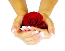 Hände mit langen, verzierten Nägeln halten eine rote Rose auf weißem Hintergrund.