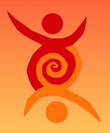 Silhouetten von zwei Figuren und einer Spirale auf einem orangefarbenen Hintergrund.