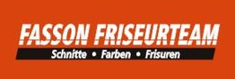 Roter Hintergrund mit Text: "Fasson Friseurteam. Schnitte, Farben, Frisuren" in Weiß und Schwarz.