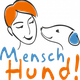 Gezeichnetes Gesicht und Hund mit Text "Mensch Hund!" in blauen und orangenen Buchstaben.