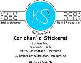 Logo von Karlchen's Stickerei mit Kontaktinformationen und Stickdesign-Details.
