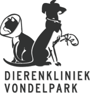 Silhouet van een hond met kap en kat. Tekst: "Dierenkliniek Vondelpark".