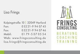 Visitenkarte von Frings Consulting mit Kontaktinformationen und Logo.