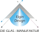 Logo mit einem blauen Tropfen und grauem Dreieck, Text "Elgin Design, DIE GLAS-MANUFAKTUR".