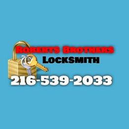 "Roberts Brothers Locksmith logo with lock and keys on a blue background, contact: 216-539-2033."