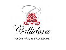 Schwarz-rotes Callidora-Logo mit Blumenmotiv, Text: "Schöne Wäsche & Accessoires".
