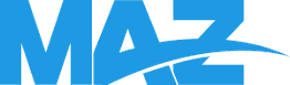 MAZ-Logo in blau mit geschwungener Linie unter den Buchstaben.