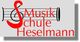 Logo der Musikschule Heselmann mit Notenzeilen und roter Schrift auf grauem Hintergrund.