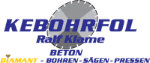 Logo mit Text "Kebohrfol Ralf Klame, Beton, Diamant, Bohren, Sägen, Pressen", Sägeblatt im Hintergrund.