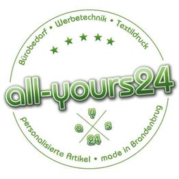 Logo mit Text "all-yours24", Bürobedarf, Werbetechnik, Textildruck, personalisierte Artikel.