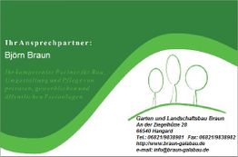 Visitenkarte für Garten- und Landschaftsbau Braun mit Kontaktdaten und stilisierten Bäumen.