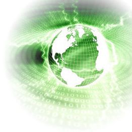 Grüne, leuchtende Weltkugel mit digitalen Zahlen und elektrischen Strahlen im Hintergrund.
