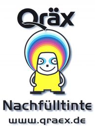 Buntes Maskottchen mit Regenbogen-Hintergrund, Text: "QrÄx Nachfülltinte www.qraex.de".