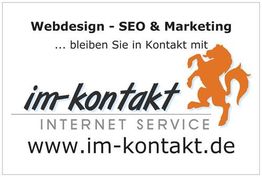 Webdesign-Werbung mit Löwenlogo und Website www.im-kontakt.de.