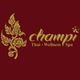 Goldenes Blumenmuster und "champi Thai Wellness Spa" Schriftzug auf dunkelrotem Hintergrund.