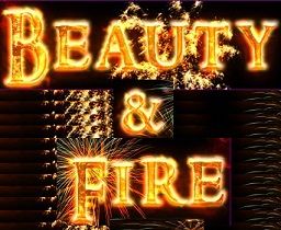 Text "Beauty & Fire" in Feueroptik mit Funken und dunklem Hintergrund.