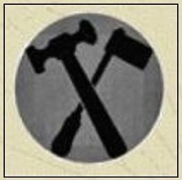 Kreis mit gekreuztem Hammer, Schraubenzieher und Gummihammer auf grauem Hintergrund.