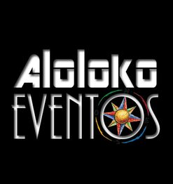 Logo de Aloloko Eventos en fondo negro, con diseño colorido de estrella en el centro de la O.