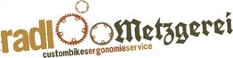 Logo mit Zahnrädern, Text: "radlmetzgerei", "custombikes ergonomie service".