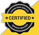 Certified garage door services badge with stars on a yellow and black circular design.