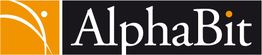 Logo mit Text "AlphaBit", links ein gelbes Quadrat mit weißem Punkt und Linien.