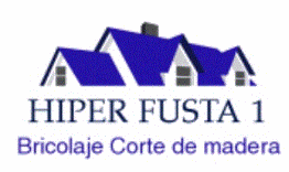 Logo con silueta de casas azules. Texto: "HIPER FUSTA 1 Bricolaje Corte de madera".