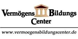 Logo mit Text "Vermögens Bildungs Center" und einer Webadresse. Oben ist ein stilisiertes Gebäude.