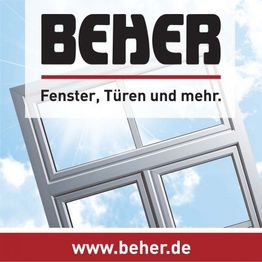 BEHER-Logo, Text: "Fenster, Türen und mehr." Mit Webseite: www.beher.de, Himmel im Hintergrund.