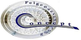 Logo mit silberner Felge, Text "Felgenveredelung Concept" in Blau um die Felge angeordnet.