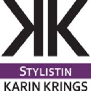 Logo mit Initialen "KK", lila Streifen "Stylistin" und Name "Karin Krings" darunter.