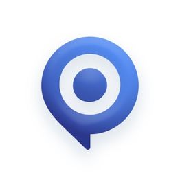 Blue and white circular logo with a speech bubble design.