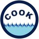 Logo with the word "COOK" above stylized blue waves inside a dark blue circle.