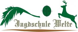 Logo der Jagdschule: Pfote, Zielscheibe, springender Hirsch und Schriftzug "Jagdschule Welte".