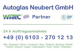 Werbung für Autoglas Neubert GmbH mit Telefonnummer und Städten, Wintec-Logo, ISO-Zertifikat.