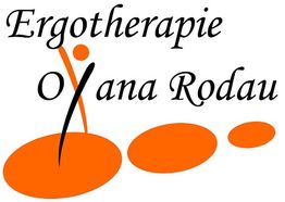 Logo mit dem Text "Ergotherapie Oksana Rodau" und orangen, abstrahierten Figuren.