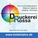 Logo der Druckerei Rossa mit Farbkreis und Webadresse www.tombolalos.de.