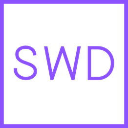 Texto "SWD" en el centro de un fondo negro con borde morado.