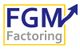 Logo mit Schriftzug "FGM Factoring", Pfeil zeigt nach oben.