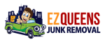 Cartoon man in green truck with boxes and "EZ Queens Junk Removal" text.