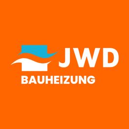 Orange Logo mit einem weißen Kreuz und Wellen. Text: "JWD Bauheizung".