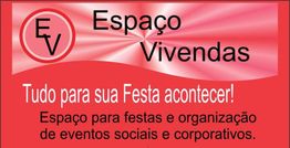 Cartaz vermelho do Espaço Vivendas para eventos sociais e corporativos.