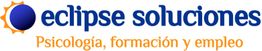 Logo de "eclipse soluciones": Psicología, formación y empleo, con un sol azul y naranja.