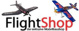 Zwei Modellflugzeuge mit "FlightShop" und "der exklusive Modellbaushop" als Text.