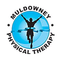 Silhouette of runner breaking ribbon, "Muldowney Physical Therapy" encircles logo.