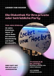 Plakat für Diskothek "Locker vom Hocker" mit Partyinfos, Kontakt und Erfahrungsdetails.