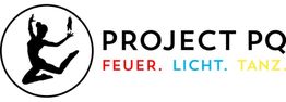 Logo mit springender Tänzerin, Text: "Project PQ - Feuer. Licht. Tanz.".