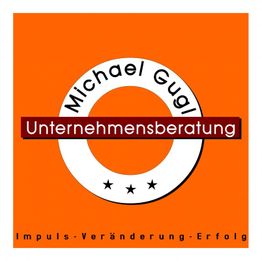 Logo mit orangefarbenem Hintergrund, Text "Michael Gugl Unternehmensberatung".