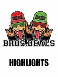 Comic-Affen mit roten und grünen Caps und Sonnenbrillen, Schrift: "Bros.Deals", "Highlights".